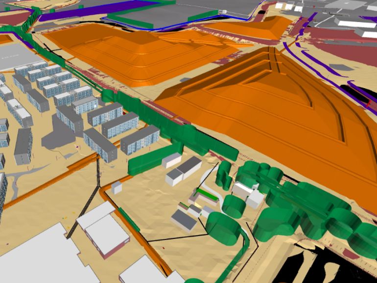 Model of the Sizewell C accomodation campus and stockpiles